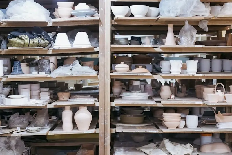 Scaffali della bottega pieni di ceramiche